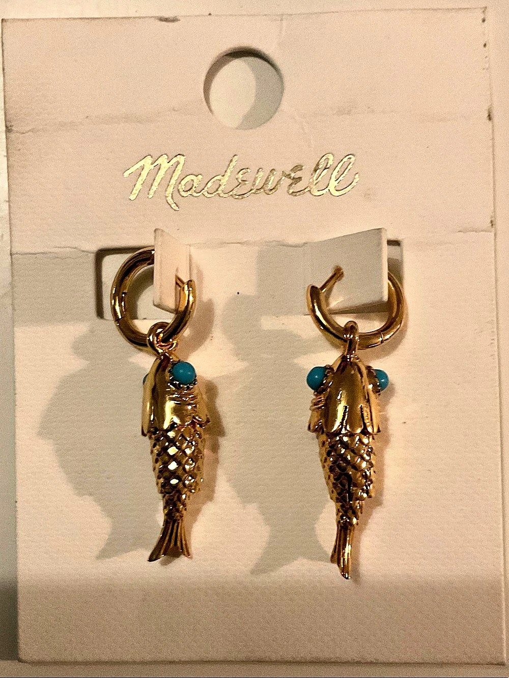 Madewell Fish Split Hoop Earrings Fish Drop Earrings in Gold & Blue NWT